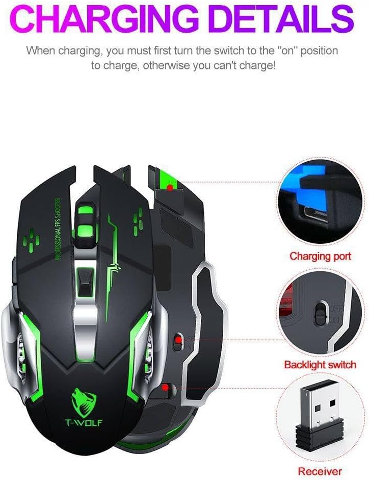 T-WOLF Q13 Rechargeable Wireless Gaming Mouse, Silent, Ergonomic, 6 Keys, RGB Backlight, 2400 DPI, for Gamer Pro Computers and Laptops