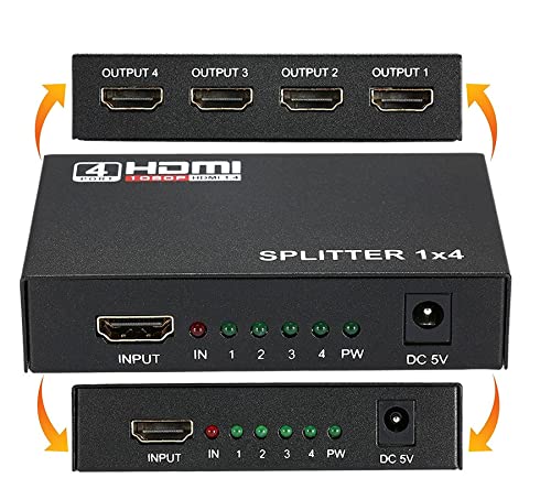 HDMI Splitter 1x4 4 Ports, HDMI Splitter 1 in 4 Out, Supports 3D 4K x 2K @30HZ Full HD 1080P, Support for TVs or Multi Monitor Adapter at Same Time