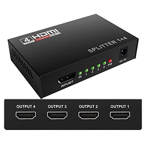 HDMI Splitter 1x4 4 Ports, HDMI Splitter 1 in 4 Out, Supports 3D 4K x 2K @30HZ Full HD 1080P, Support for TVs or Multi Monitor Adapter at Same Time