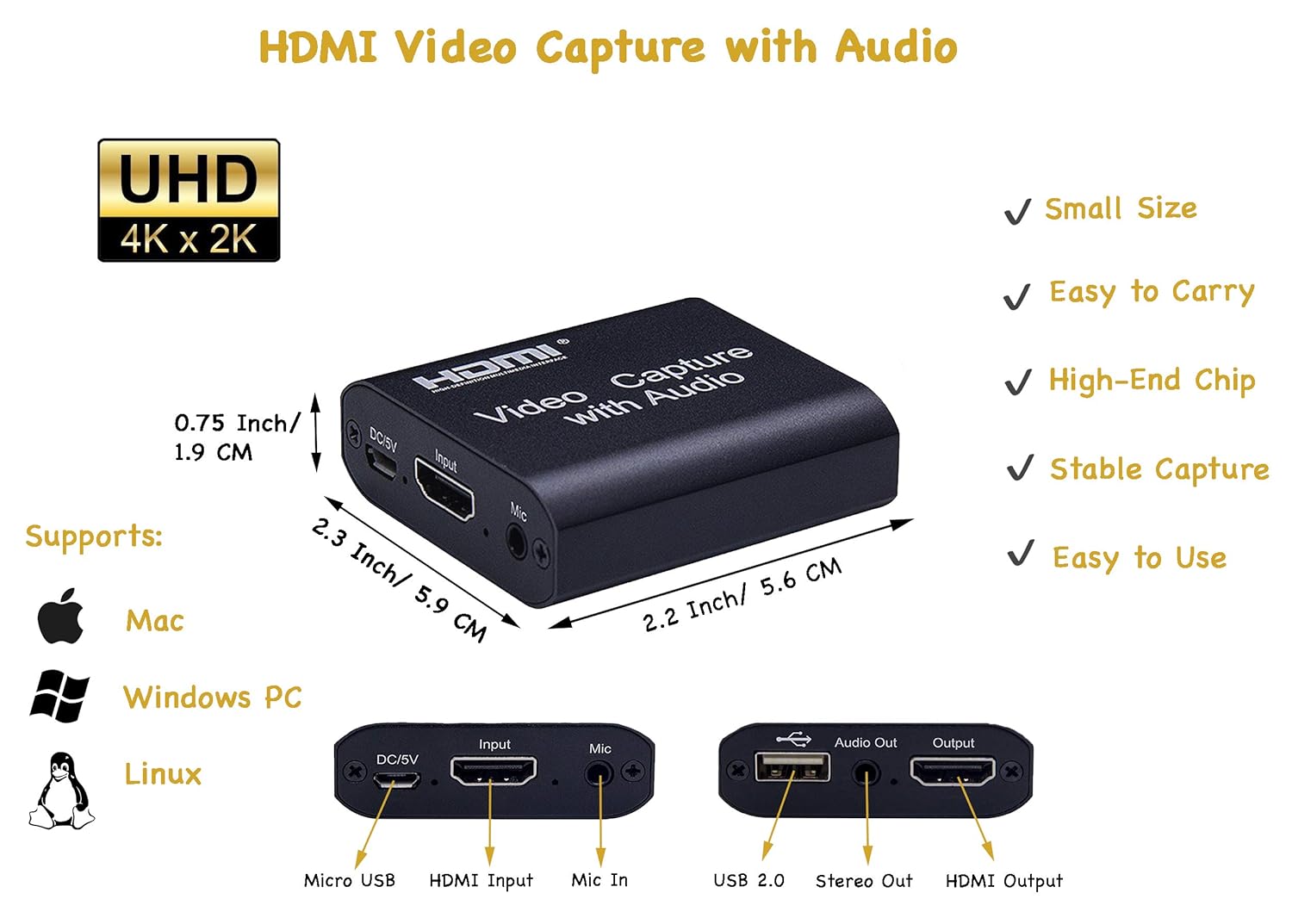 Video Capture Card with Audio,4K Live Streaming HDMI Video Game Capture Grabber Recording Device with Mic Input and Stereo Audio Output