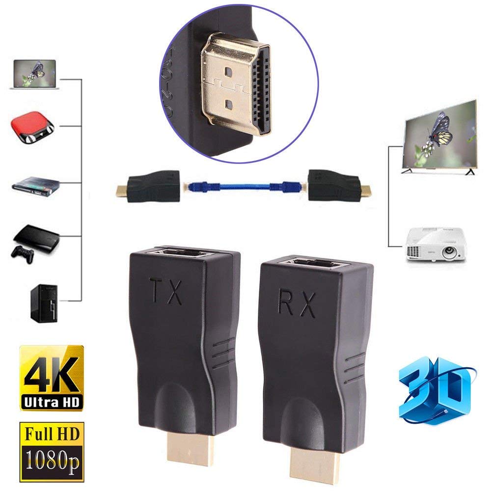 HDMI Extender Adapter, HDMI to RJ45 Ethernet Network Converter Over by Cat5-e/6 Cable Splitter 1080p up to 30m