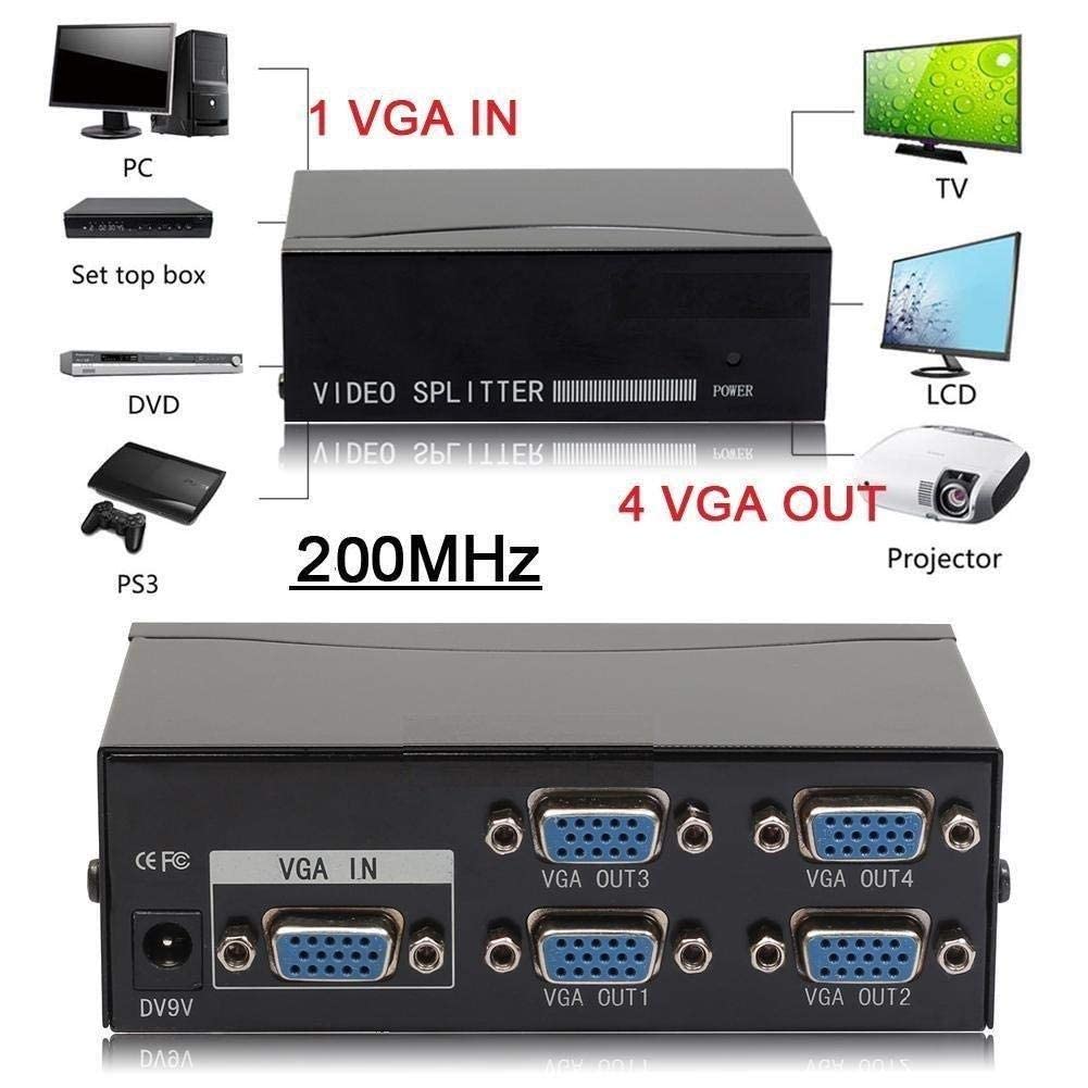 4 Port VGA Splitter Powered 1 Input 4 Output for Video Screen Duplication very high quality durable and reliable -WITH WARRANTY