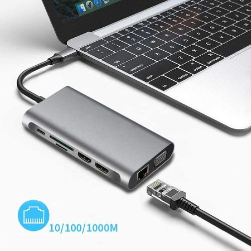 12 In 1 USB Type C Hub Adapter Laptop Docking Station, Dual Monitor Dual HDMI RJ45 SD TF PD For MacBook Dell Hp ThinkPad