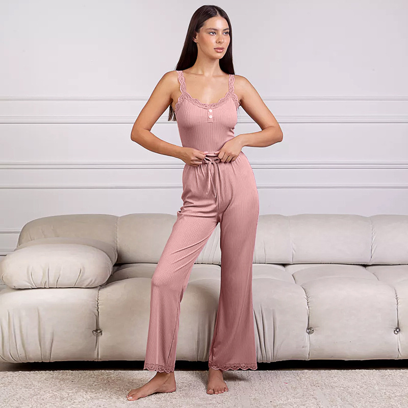 Ladies' home wear lace suspenders trousers set comfortable elastic home leisure female pajamas can be worn outside girl clothes