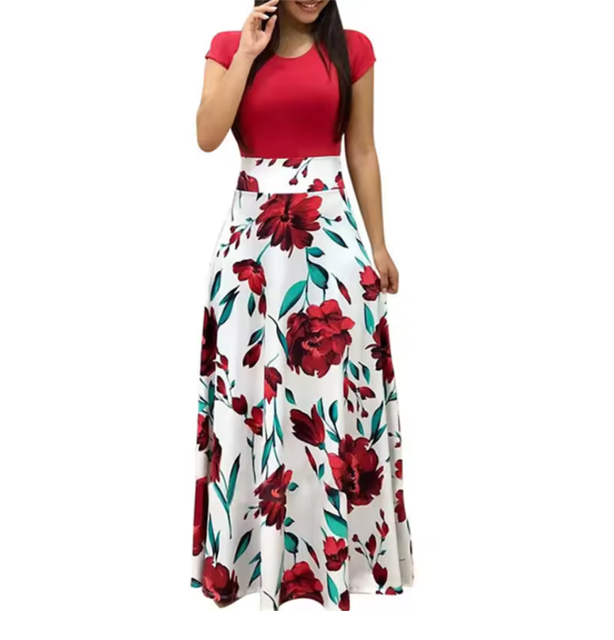 Summer casual women's dresses Printed Splicing Crew Neck Elegant dress Elegant Short Sleeve Slim Waist Pleated Maxi Dress Women's Clothing Girl  Party Dress Fast delivery within 1-5 days