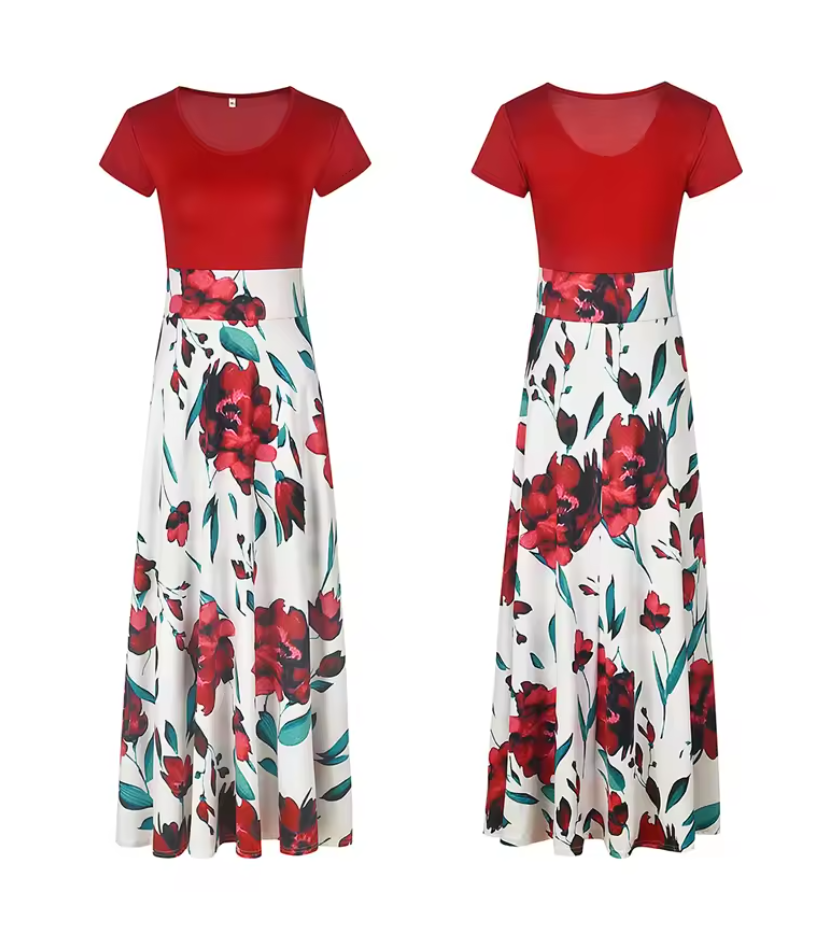 Summer casual women's dresses Printed Splicing Crew Neck Elegant dress Elegant Short Sleeve Slim Waist Pleated Maxi Dress Women's Clothing Girl  Party Dress Fast delivery within 1-5 days