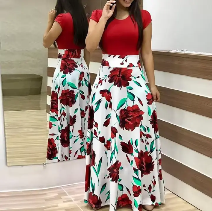 Summer casual women's dresses Printed Splicing Crew Neck Elegant dress Elegant Short Sleeve Slim Waist Pleated Maxi Dress Women's Clothing Girl  Party Dress Fast delivery within 1-5 days