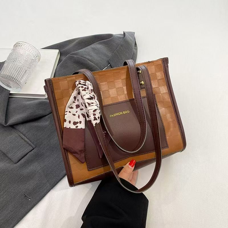 Local fast delivery  Patchwork Contrast Color Handbag Women's Casual Fashion Tote Bag Large Capacity Single Shoulder Bag Women's Silk Scarf Bag Big Bags Women Totes bag