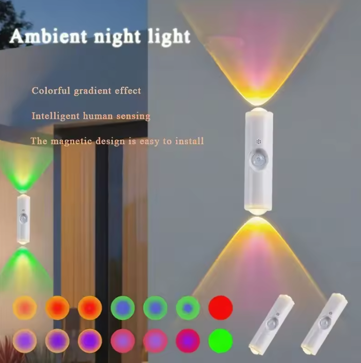 LED Night Light with Motion Sensor Double-head Magnetic Wall Lamp Rechargeable RGB rainbow-Color Adjustable for Cabinet Hallway Stair Local fast delivery