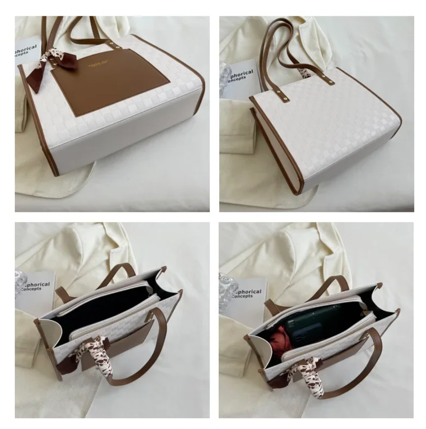 Local fast delivery  Patchwork Contrast Color Handbag Women's Casual Fashion Tote Bag Large Capacity Single Shoulder Bag Women's Silk Scarf Bag Big Bags Women Totes bag