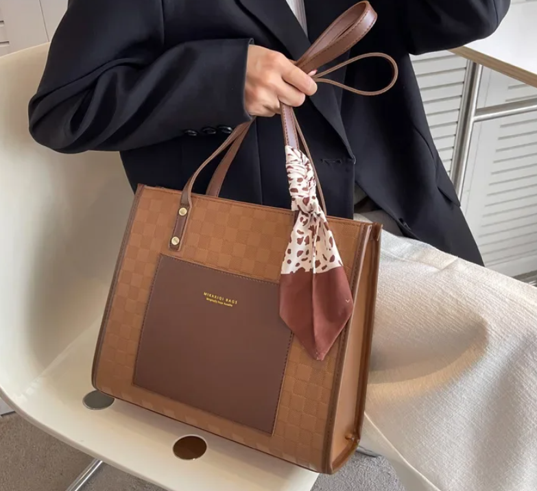 Local fast delivery  Patchwork Contrast Color Handbag Women's Casual Fashion Tote Bag Large Capacity Single Shoulder Bag Women's Silk Scarf Bag Big Bags Women Totes bag