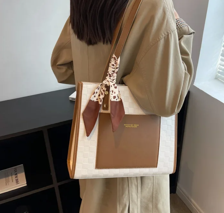 Local fast delivery  Patchwork Contrast Color Handbag Women's Casual Fashion Tote Bag Large Capacity Single Shoulder Bag Women's Silk Scarf Bag Big Bags Women Totes bag