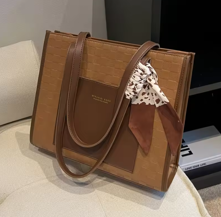 Local fast delivery  Patchwork Contrast Color Handbag Women's Casual Fashion Tote Bag Large Capacity Single Shoulder Bag Women's Silk Scarf Bag Big Bags Women Totes bag