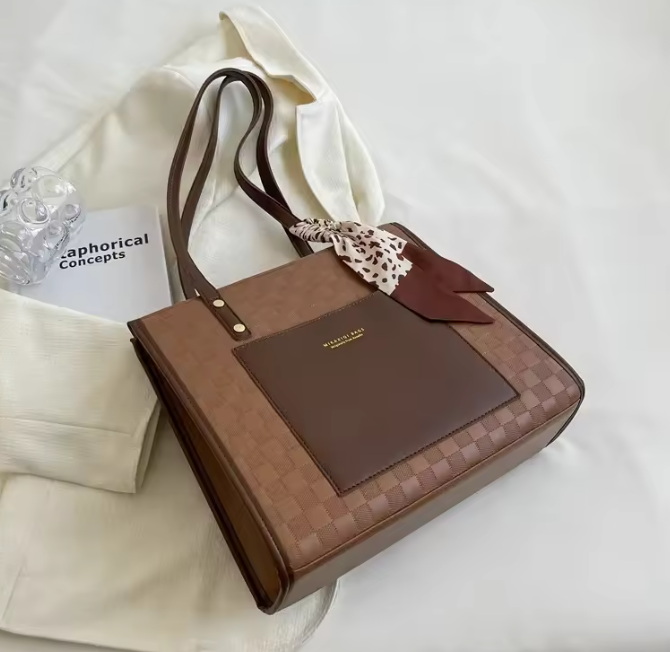 Local fast delivery  Patchwork Contrast Color Handbag Women's Casual Fashion Tote Bag Large Capacity Single Shoulder Bag Women's Silk Scarf Bag Big Bags Women Totes bag