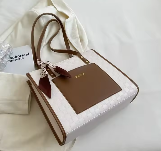 Local fast delivery  Patchwork Contrast Color Handbag Women's Casual Fashion Tote Bag Large Capacity Single Shoulder Bag Women's Silk Scarf Bag Big Bags Women Totes bag