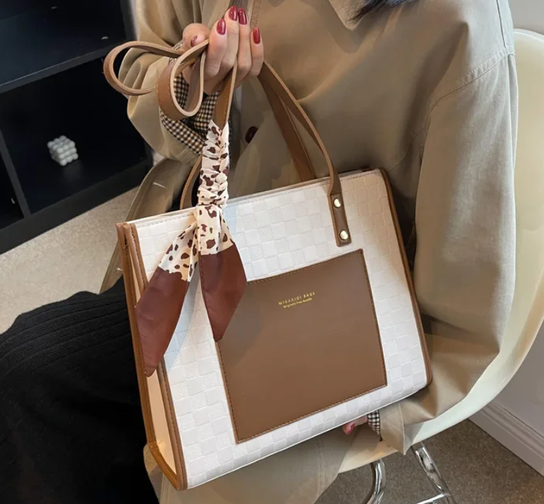 Local fast delivery  Patchwork Contrast Color Handbag Women's Casual Fashion Tote Bag Large Capacity Single Shoulder Bag Women's Silk Scarf Bag Big Bags Women Totes bag