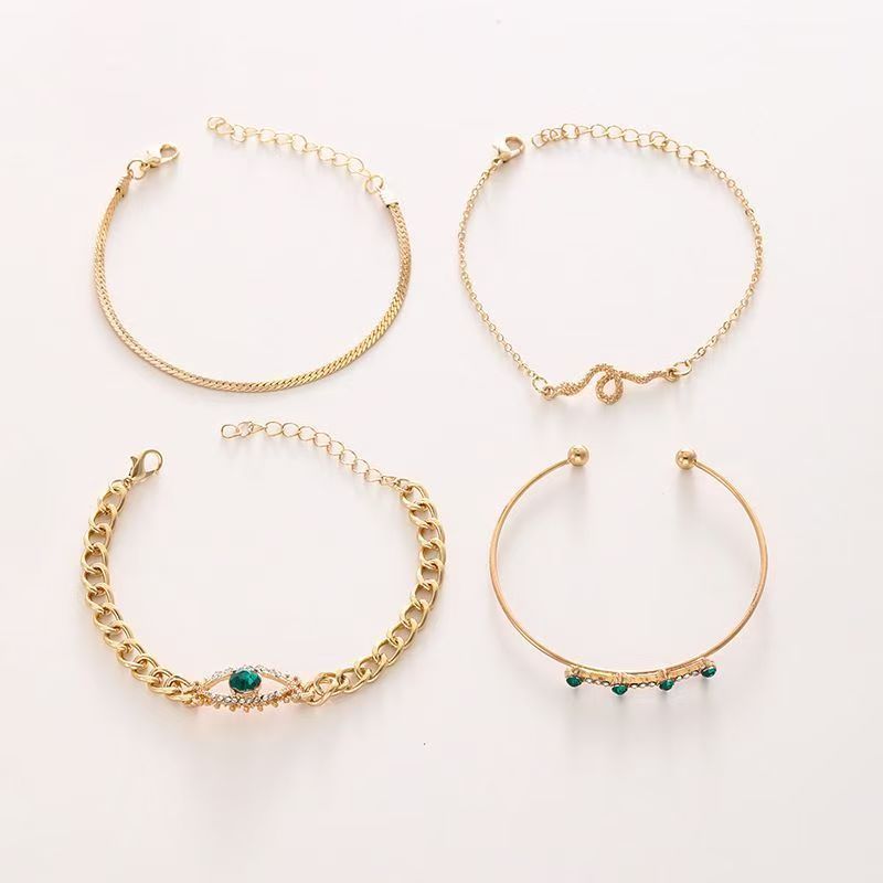 4PCS  Bracelets For Women Retro Inlaid With Green Diamonds Bracelet Vintage Chain Link Adjustable Women Jewelry  Set Jewelry Gift for Girls