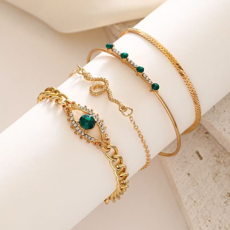 4PCS  Bracelets For Women Retro Inlaid With Green Diamonds Bracelet Vintage Chain Link Adjustable Women Jewelry  Set Jewelry Gift for Girls
