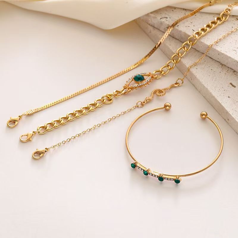 4PCS  Bracelets For Women Retro Inlaid With Green Diamonds Bracelet Vintage Chain Link Adjustable Women Jewelry  Set Jewelry Gift for Girls