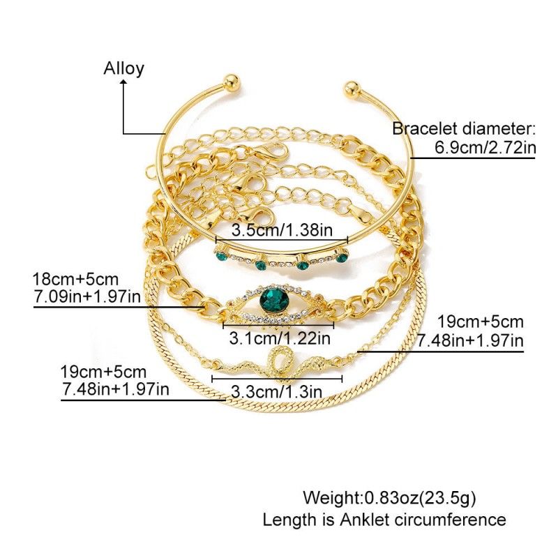 4PCS  Bracelets For Women Retro Inlaid With Green Diamonds Bracelet Vintage Chain Link Adjustable Women Jewelry  Set Jewelry Gift for Girls