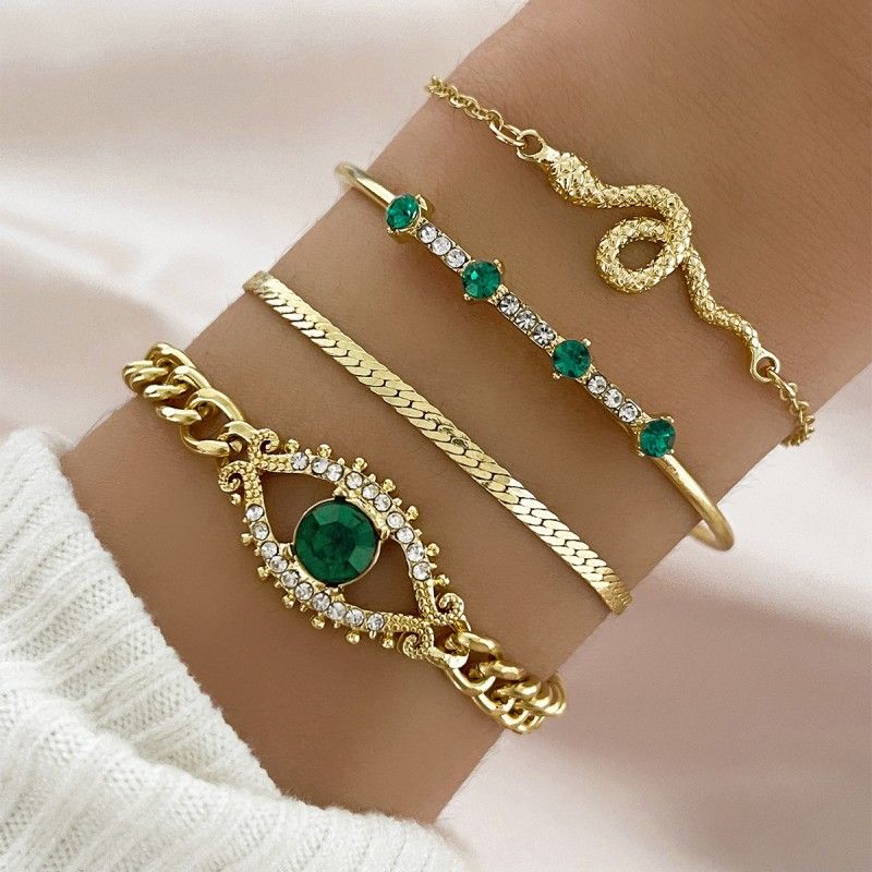 4PCS  Bracelets For Women Retro Inlaid With Green Diamonds Bracelet Vintage Chain Link Adjustable Women Jewelry  Set Jewelry Gift for Girls