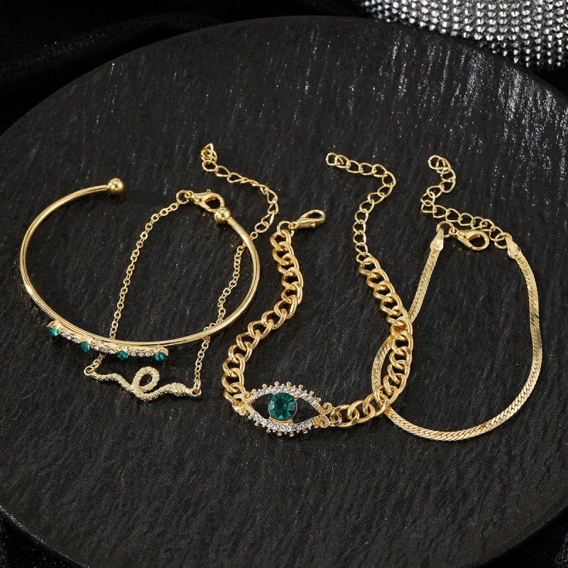4PCS  Bracelets For Women Retro Inlaid With Green Diamonds Bracelet Vintage Chain Link Adjustable Women Jewelry  Set Jewelry Gift for Girls