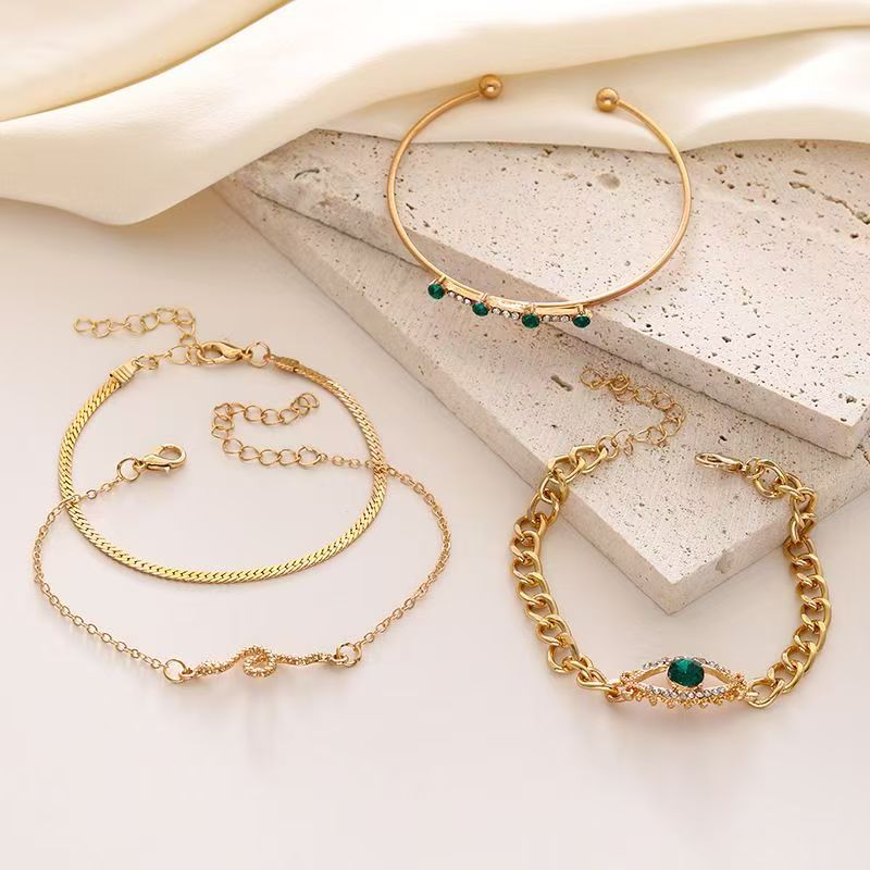4PCS  Bracelets For Women Retro Inlaid With Green Diamonds Bracelet Vintage Chain Link Adjustable Women Jewelry  Set Jewelry Gift for Girls