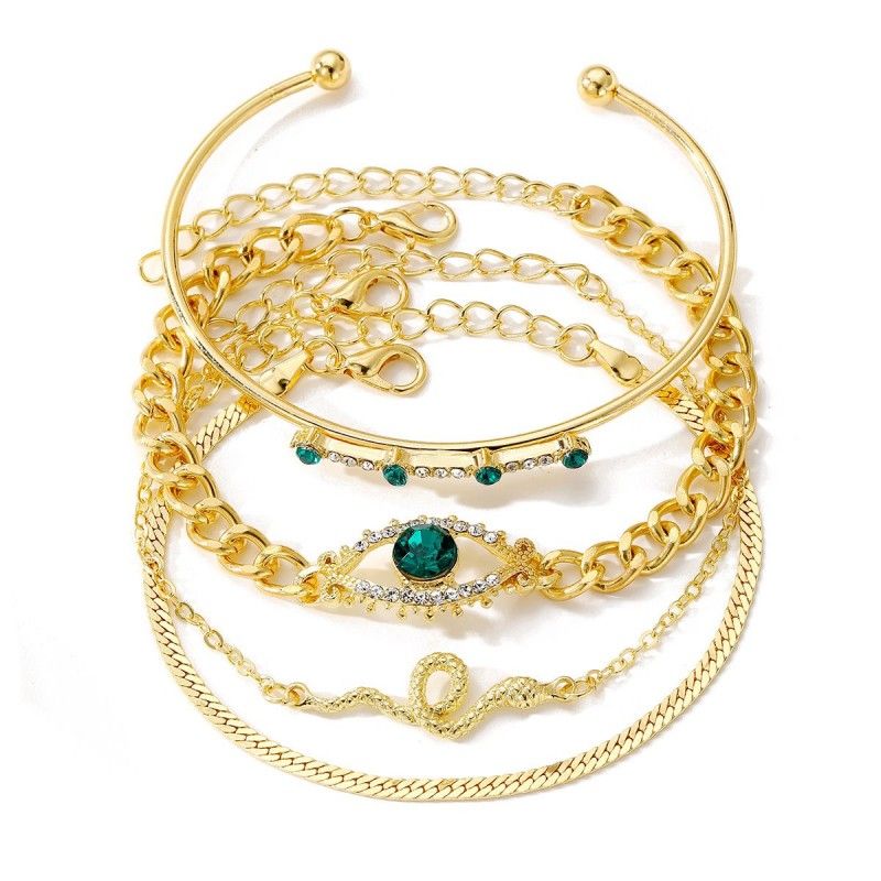 4PCS  Bracelets For Women Retro Inlaid With Green Diamonds Bracelet Vintage Chain Link Adjustable Women Jewelry  Set Jewelry Gift for Girls