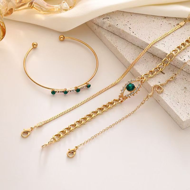 4PCS  Bracelets For Women Retro Inlaid With Green Diamonds Bracelet Vintage Chain Link Adjustable Women Jewelry  Set Jewelry Gift for Girls