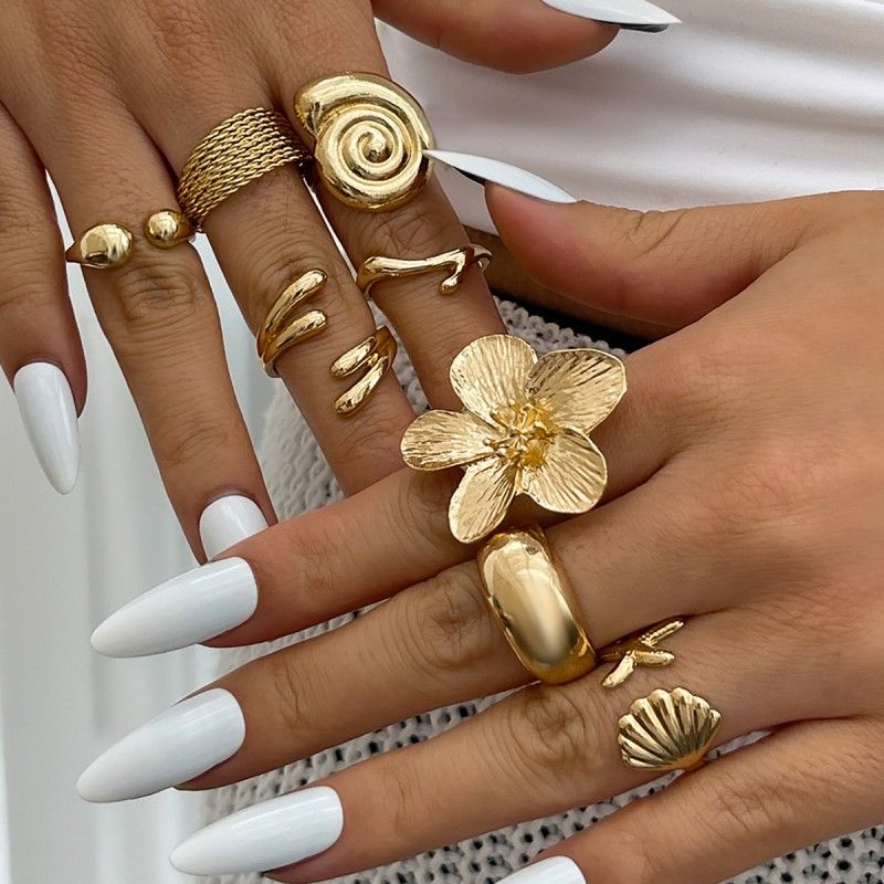8 PCS Women Rings Set Jewelry Seashell Ring Set Featuring Conch Shell Flower-shaped Opening Ring For Women
