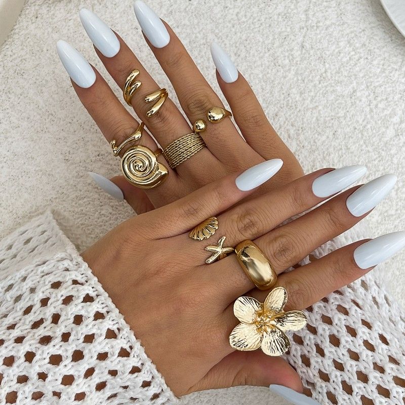 8 PCS Women Rings Set Jewelry Seashell Ring Set Featuring Conch Shell Flower-shaped Opening Ring For Women