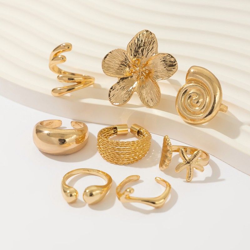 8 PCS Women Rings Set Jewelry Seashell Ring Set Featuring Conch Shell Flower-shaped Opening Ring For Women