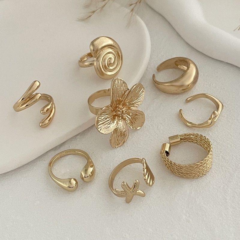 8 PCS Women Rings Set Jewelry Seashell Ring Set Featuring Conch Shell Flower-shaped Opening Ring For Women