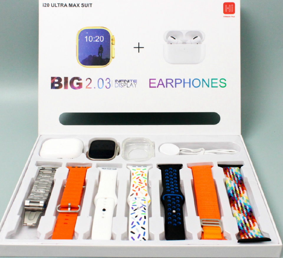 I20 Ultra Max Smart Watch Ultra 10 In 1 Waterproof 7 Straps + Protective Case + Earphones Men Women 49MM Bluetooth Call Heart Rate Wireless Charging Fitness Bracelet Smartwatch Set
