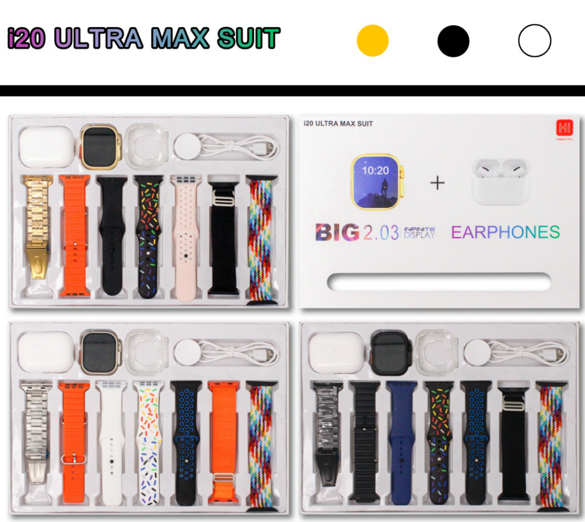 I20 Ultra Max Smart Watch Ultra 10 In 1 Waterproof 7 Straps + Protective Case + Earphones Men Women 49MM Bluetooth Call Heart Rate Wireless Charging Fitness Bracelet Smartwatch Set