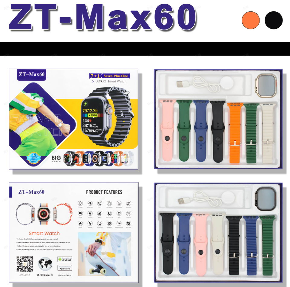 ZT-Max60 Smart watch Ultra 7 in1 Waterproof 7 Straps Men Women 49MM Bluetooth Call Heart rate Wireless Charging Fitness Bracelet Smartwatch set True screw, true buckle