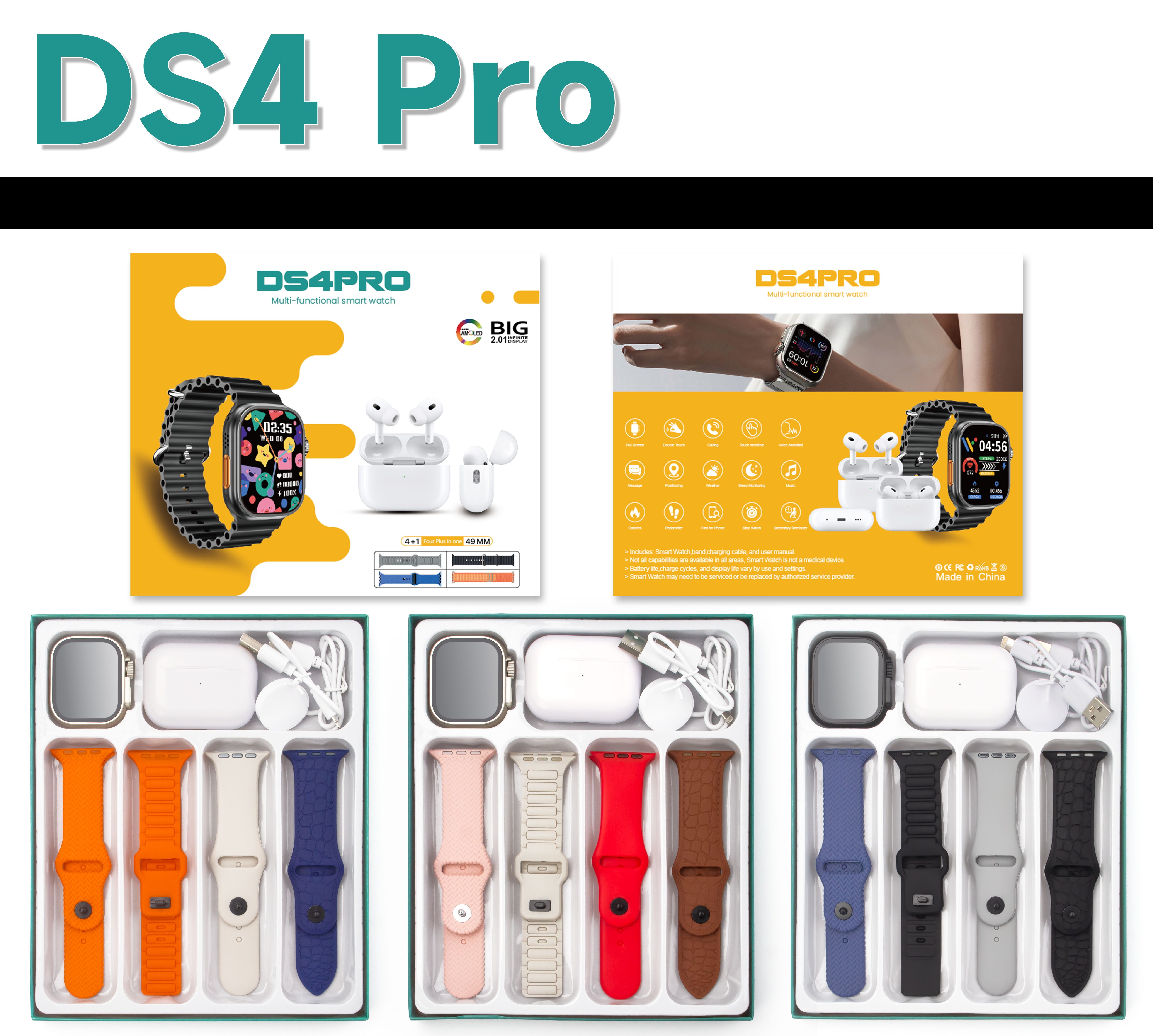 DS4 Pro Smart Watch 4 Straps TWS Bluetooth Earphone Heart Rate Monitor Fitness Sport IP68 Water proof Blood Glucose Monitor Smartwatches