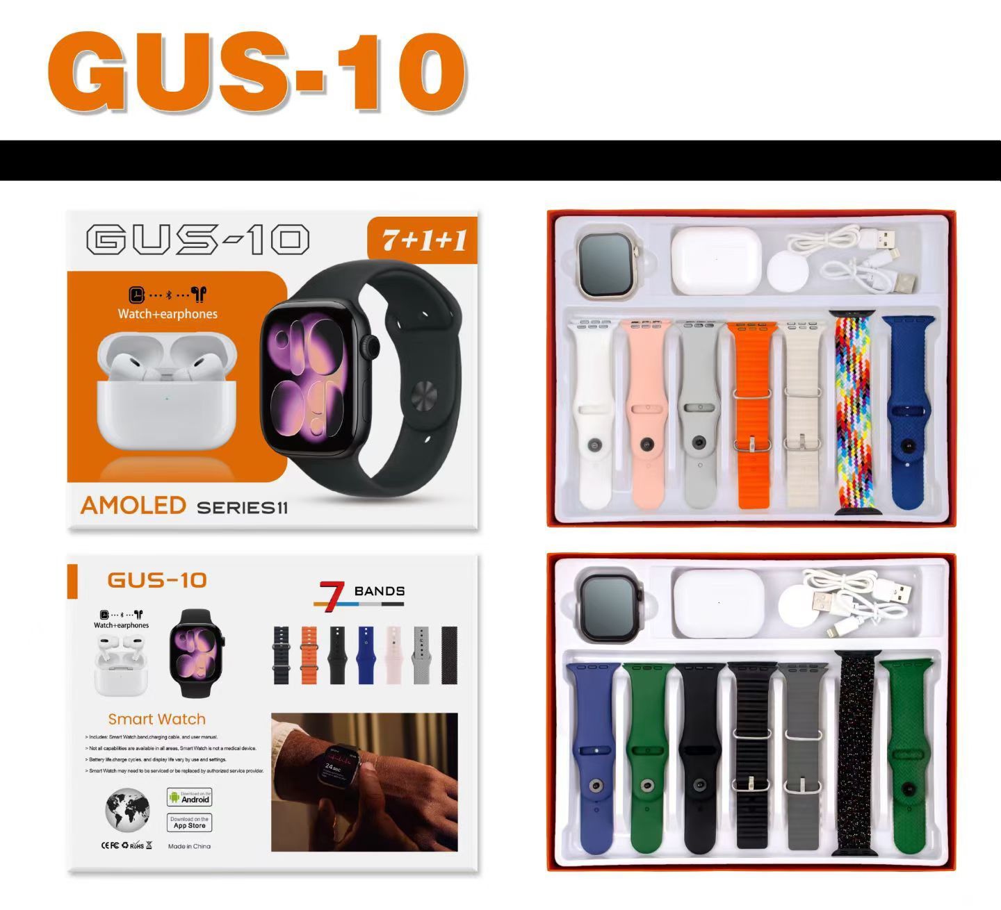 GUS-10 Ultra Max Smart Watch Ultra 9 In 1 Waterproof 7 Straps + Earphones Men Women 49MM Bluetooth Call Heart Rate Wireless Charging Fitness Bracelet Smartwatch Set