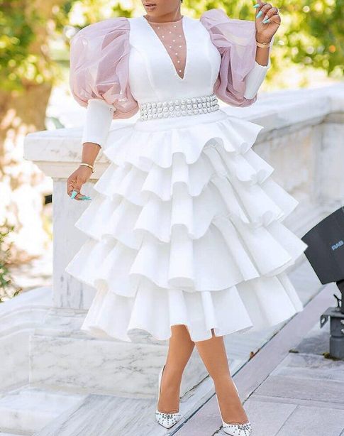 Large women's high waist temperament white bubble sleeve cake fluffy cross-border dress