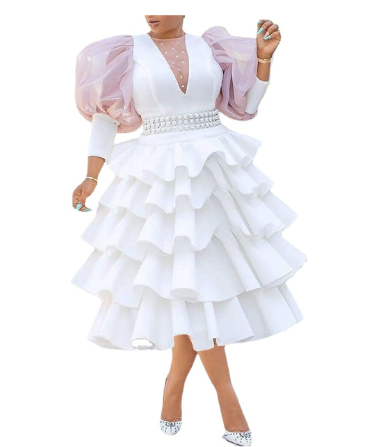 Large women's high waist temperament white bubble sleeve cake fluffy cross-border dress