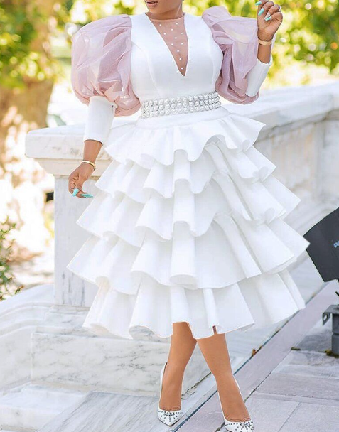 Large women's high waist temperament white bubble sleeve cake fluffy cross-border dress
