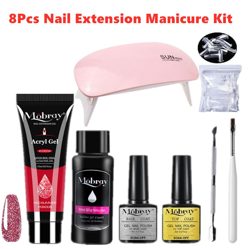 8Pcs Nail Extension Professional Full Poly UV Gel Manicure Kit  6W Nail Lamp Nail Plate