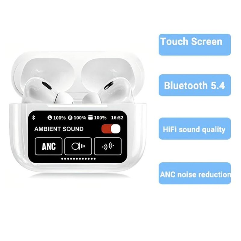 A9 Pro Wireless Bluetooth earphones LED Touch Screen Earpods Touch Screen ANC Noise Reduction   Earbuds 500mAh Long Standby White