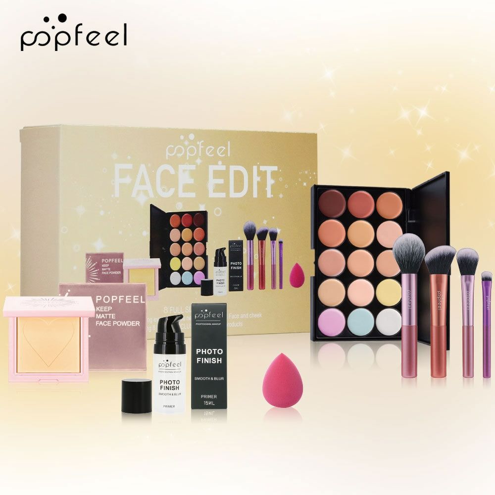 8Pcs Face Makeup Set  Complete Cosmetic Kit with Concealer palette, Setting Powder, Face Primer, Brushes,Makeup spong