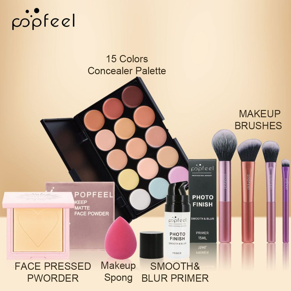8Pcs Face Makeup Set  Complete Cosmetic Kit with Concealer palette, Setting Powder, Face Primer, Brushes,Makeup spong