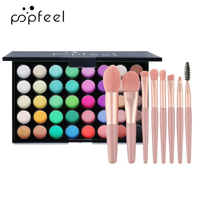40Colors  Eyeshadow Palette with 8 Pcs Eyeshadow Brush Set Waterproof Long Lasting Pressed Powder Cosmetics Women MakeUp popfeel