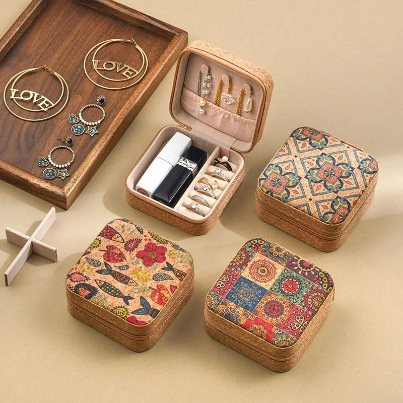 Portable Jewelry Box Lightweight Vintage Earrings Storage Boxes Earrings Necklace Rings Case Square-Shape Zipper  Bohemia Organizer