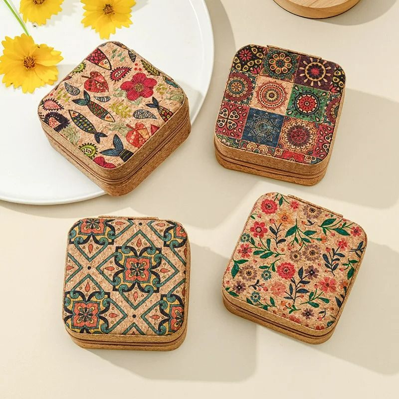 Portable Jewelry Box Lightweight Vintage Earrings Storage Boxes Earrings Necklace Rings Case Square-Shape Zipper  Bohemia Organizer