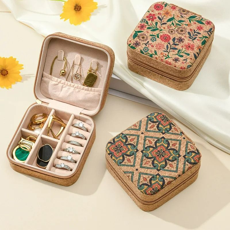 Portable Jewelry Box Lightweight Vintage Earrings Storage Boxes Earrings Necklace Rings Case Square-Shape Zipper  Bohemia Organizer