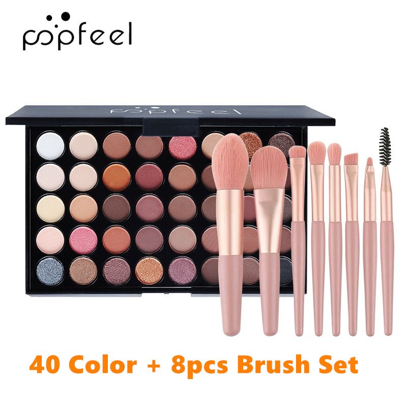 40Colors  Eyeshadow Palette with 8 Pcs Eyeshadow Brush Set Waterproof Long Lasting Pressed Powder Cosmetics Women MakeUp popfeel